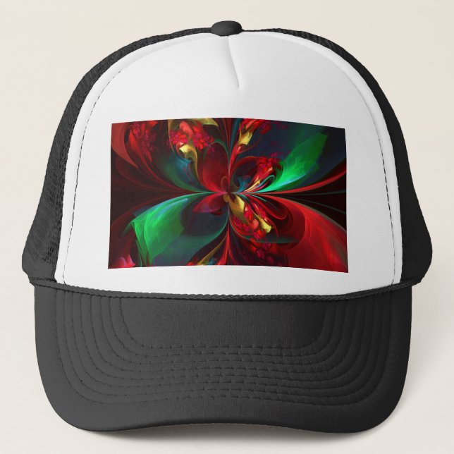 Modern Floral Abstract Art Red Green Pattern #11 Trucker Hat (Front)