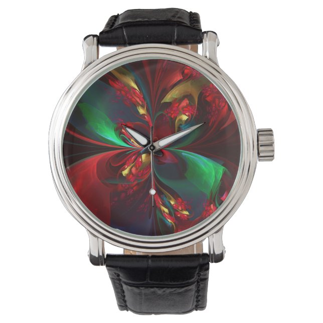 Modern Floral Abstract Art Red Green Pattern #11 Watch (Front)