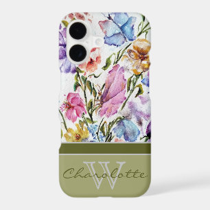 Modern Floral and Butterfly w Green Monogram Name