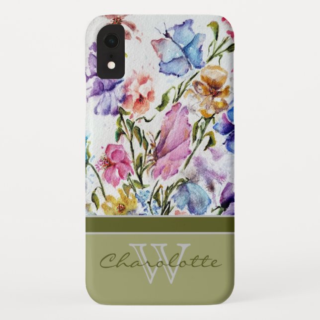 Modern Floral and Butterfly w Green Monogram Name Case-Mate iPhone Case (Back)