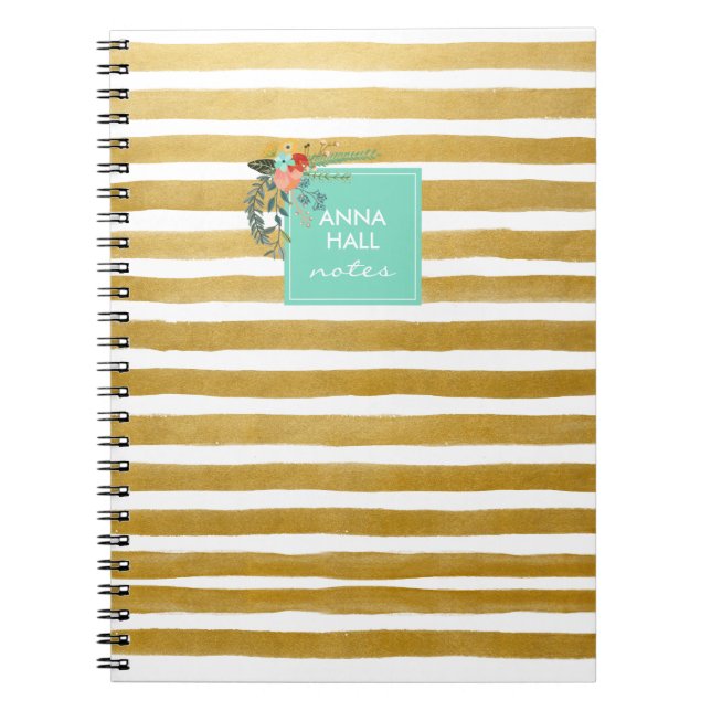 Modern Floral Aqua and Gold Foil Stripes Notebook (Front)
