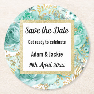MODERN FLORAL AQUA GOLD SAVE THE DATE COASTER