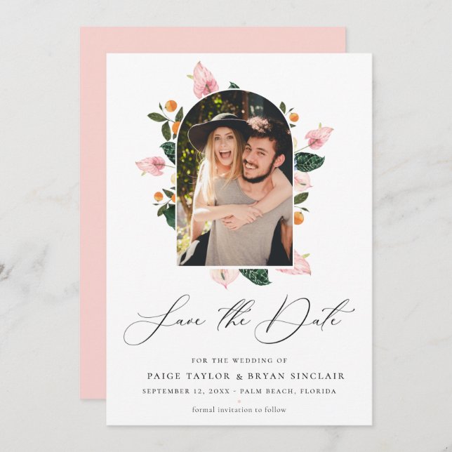 Modern Floral Arch Frame Save the Date Photo (Front/Back)