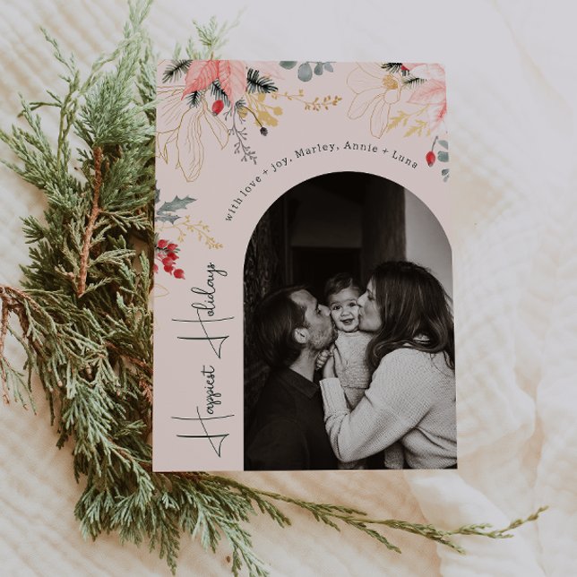 Modern Floral Arch Green happiest holidays Photo Holiday Card (Creator Uploaded)