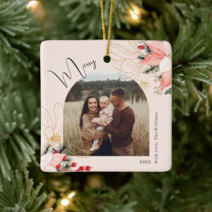 Modern Floral Arch Merry Christmas Holiday Ceramic Ornament