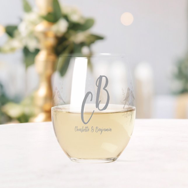 Modern floral Bird Overlay Flowers Monogram weddin Stemless Wine Glass (Insitu (Wedding))