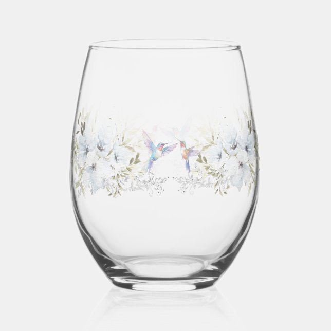 Modern floral Bird Overlay Flowers wedding Stemless Wine Glass (Front)