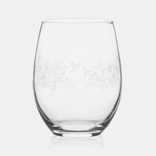 Modern floral Bird Overlay Flowers wedding Stemless Wine Glass