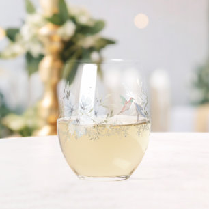 Modern floral Bird Overlay Flowers wedding Stemless Wine Glass