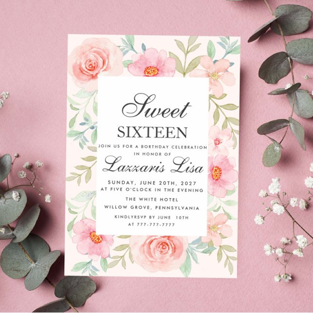 Modern Floral Birthday Gold Party Sweet Sixteen  Invitation (Creator Uploaded)