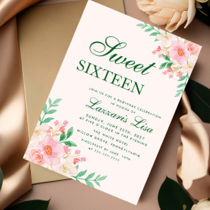 Modern Floral Birthday Green Party Sweet Sixteen Invitation