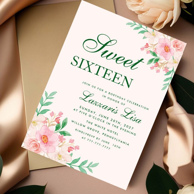 Modern Floral Birthday Green Party Sweet Sixteen  Invitation (Creator Uploaded)