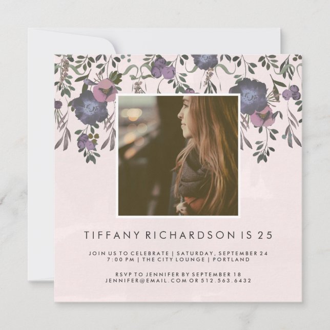 Modern Floral Birthday Party | Photo Invitation (Front)