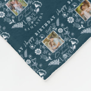 Modern Floral Birthday Typography Photo Doodle Fleece Blanket