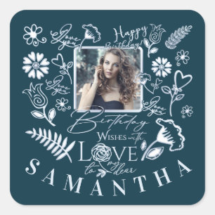 Modern Floral Birthday  Typography Photo  Doodle Square Sticker