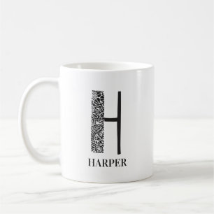 Modern Floral Black and White Initial Coffee Mug
