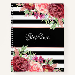 Modern Floral Black and White Stripe Personalised Notebook