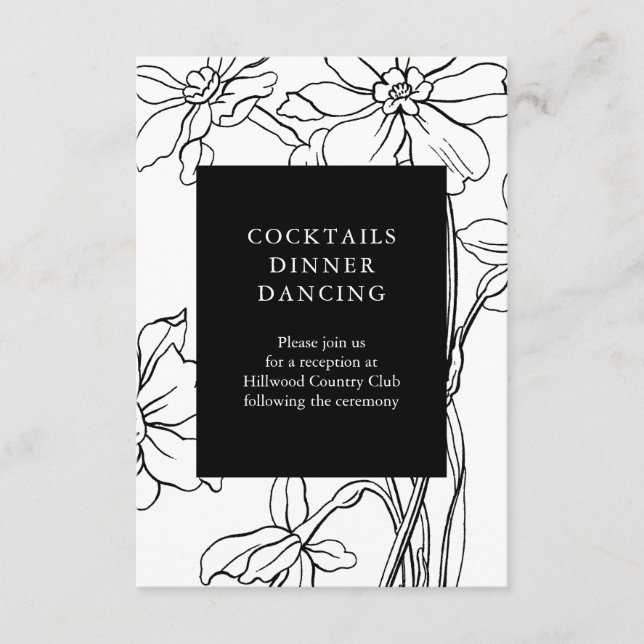 Modern Floral Black and White Wedding Reception Enclosure Card (Front)