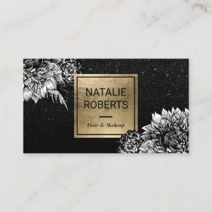 Modern Floral Black Glitter Beauty Salon Business Card