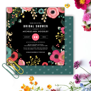 Modern Floral Black   Pink   Teal Bridal Shower Invitation