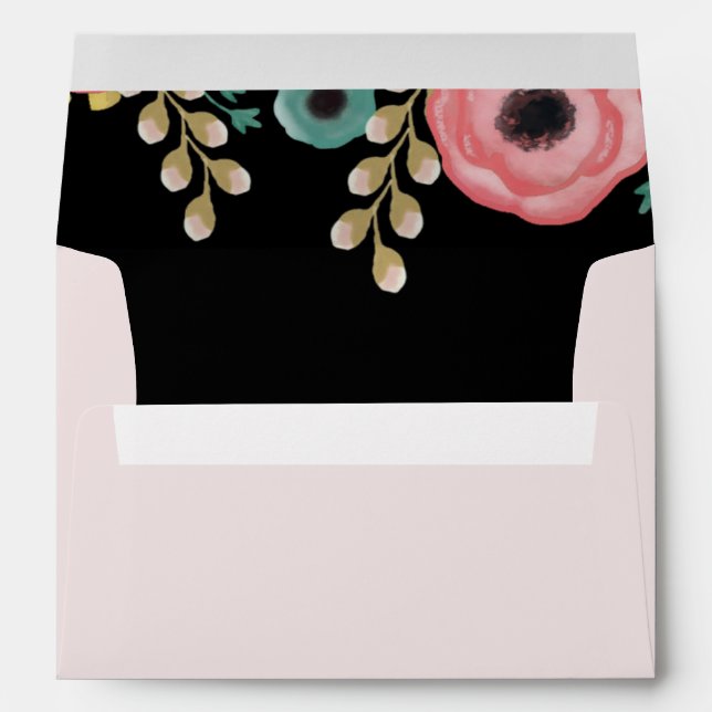 Modern Floral Black | Pink | Teal Custom Wedding Envelope (Back (Bottom))