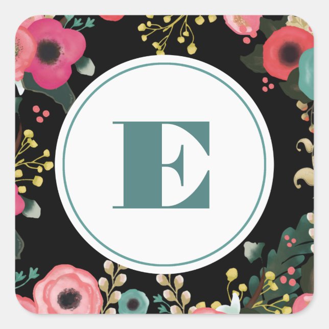 Modern Floral Black | Pink | Teal Monogram Wedding Square Sticker (Front)
