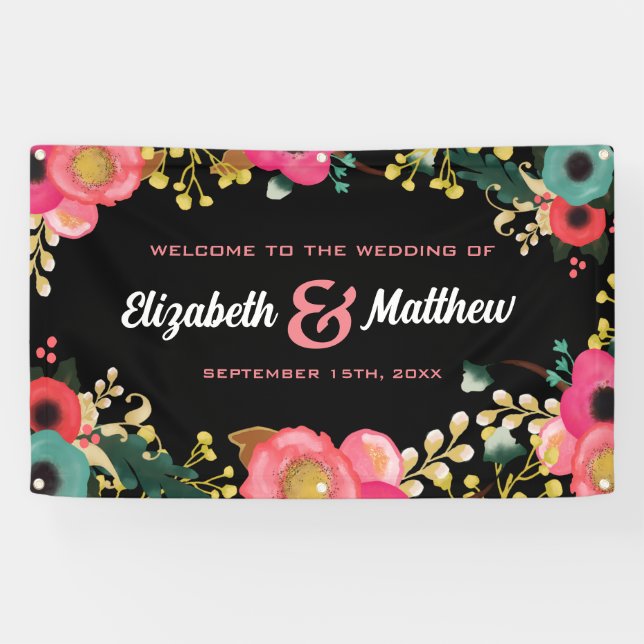 Modern Floral Black | Pink | Teal Wedding  Banner (Horizontal)