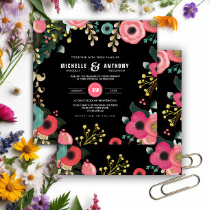 Modern Floral Black Pink Teal Wedding Invitation