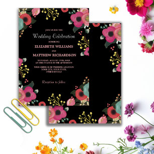 Modern Floral Black Pink Teal Wedding Invitation