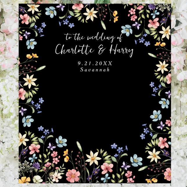 Modern Floral Black Wedding Photo  Backdrop Tapestry (Creator Uploaded)