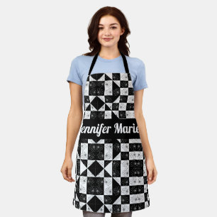 Modern Floral Black & White Chequered Custom Name Apron