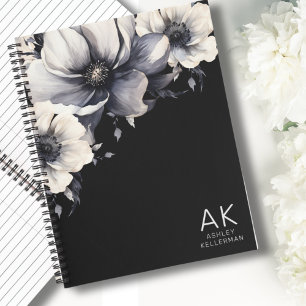 Modern Floral Black White Initial Monogram Notebook