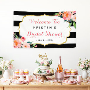 Modern Floral Black White Stripes Bridal Shower Banner