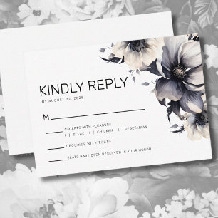 Modern Floral Black White Wedding Reply RSVP Enclosure Card