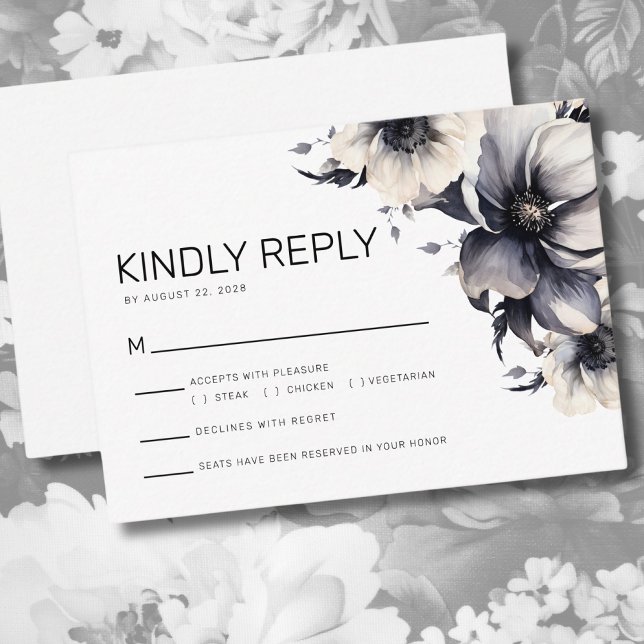 Modern Floral Black White Wedding Reply RSVP  Enclosure Card (Creator Uploaded)