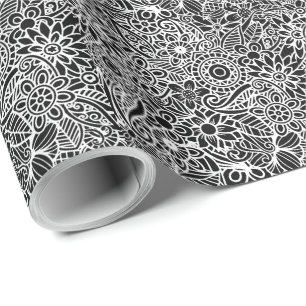 Modern Floral Black White Wrapping Paper