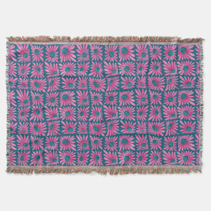 Modern floral block print pink daisy throw blanket