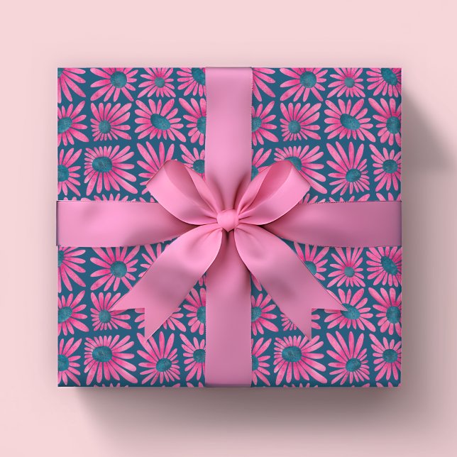 Modern floral block print pink daisy wrapping paper (Modern block print pink floral retro kitsch wrapping paper rolls.)