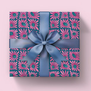 Modern floral block print pink daisy wrapping paper sheet