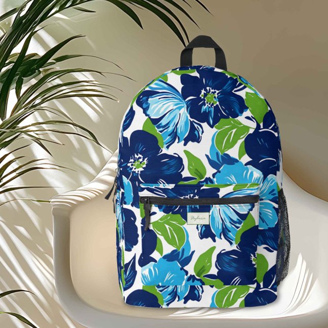 Modern Floral Blue and Green Monogram Printed Backpack (Add a burst of color and flair to your everyday adventures with this stunning floral backpack. )