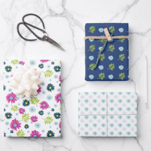 Modern Floral Blue Daisy & Pink Botanical  Wrapping Paper Sheet