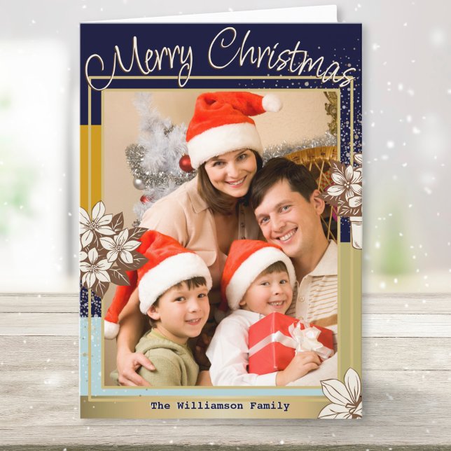 Modern Floral Blue Gold Photo Merry Christmas Holiday Card (A contemporary blue and faux gold Christmas card to personalize with your own photo and name(s))