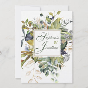 Modern Floral  Blue & Green   Wedding Invitation