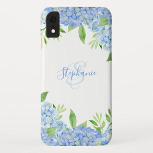 Modern Floral Blue Hydrangea Watercolor Monogram iPhone XR Case