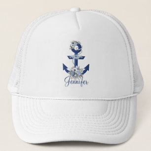 modern floral blue nautical stripes name chic trucker hat