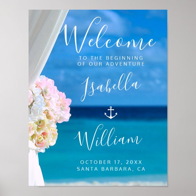 Modern Floral Blue Ocean Beach Wedding Poster (Front)