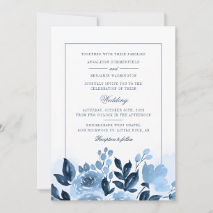 Modern Floral Blue Watercolor Flowers Wedding Invitation