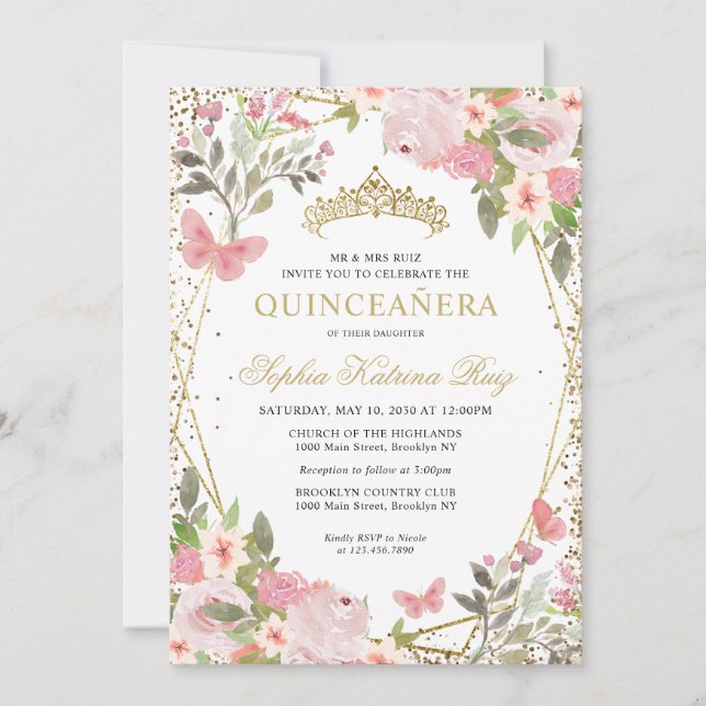 Modern Floral Blush Pink Gold Tiara Quinceañera Invitation (Front)