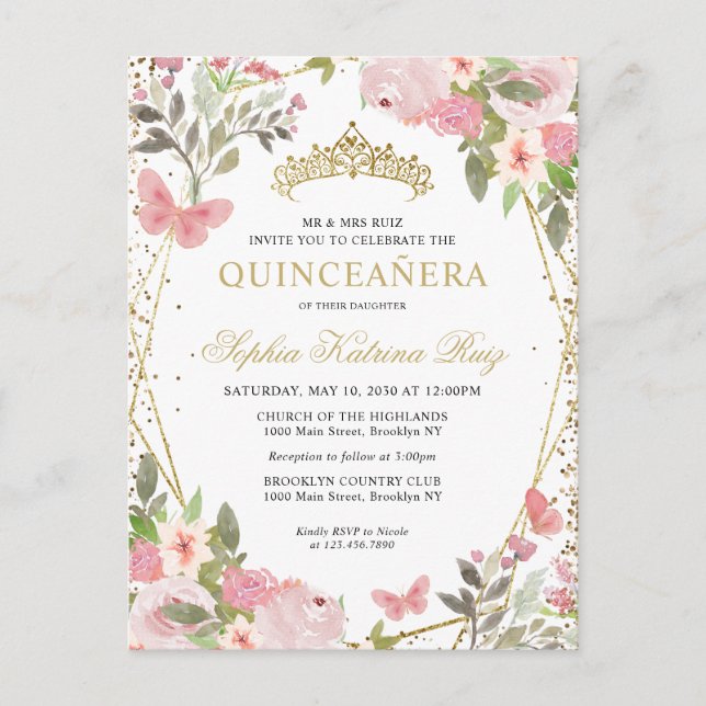 Modern Floral Blush Pink Gold Tiara Quinceañera Postcard (Front)