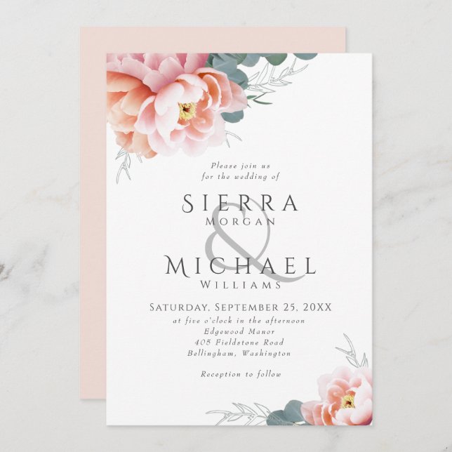 Modern Floral Blush Pink Peach Peony Wedding Invitation (Front/Back)